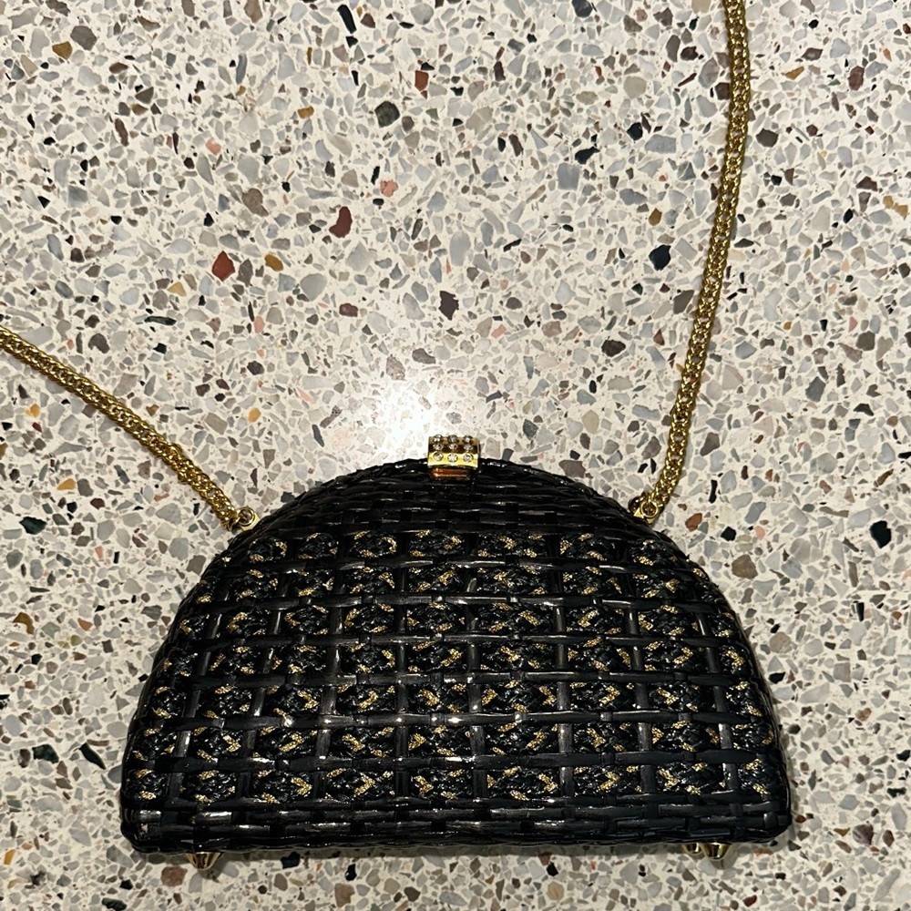 Borsa Bella Black Gold Basket Made In Italy Hard Shell Purse Handbag Clutch